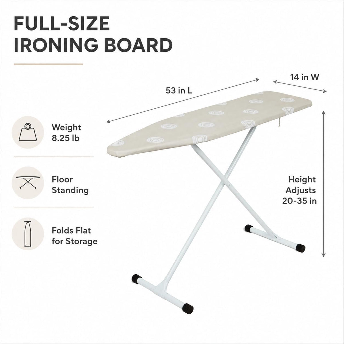 Folding T-Leg Ironing Board, 53 x 14 Inch, Adjustable Height, for Home Use