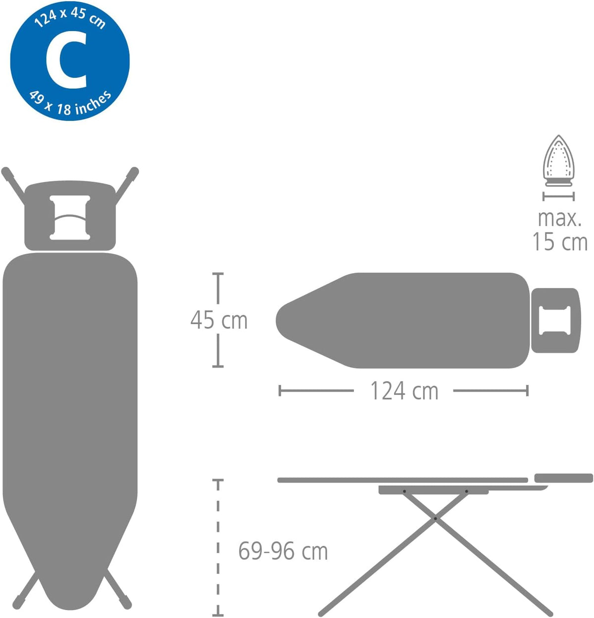 Brabantia XL Comfort Ironing Board with Solid Steam Iron Rest | Large (Size C) | Fairtrade Ecru Cover | Adjustable Height (27-38"), Easy Fold, Anti-Collapse Lock, Non-Slip Feet