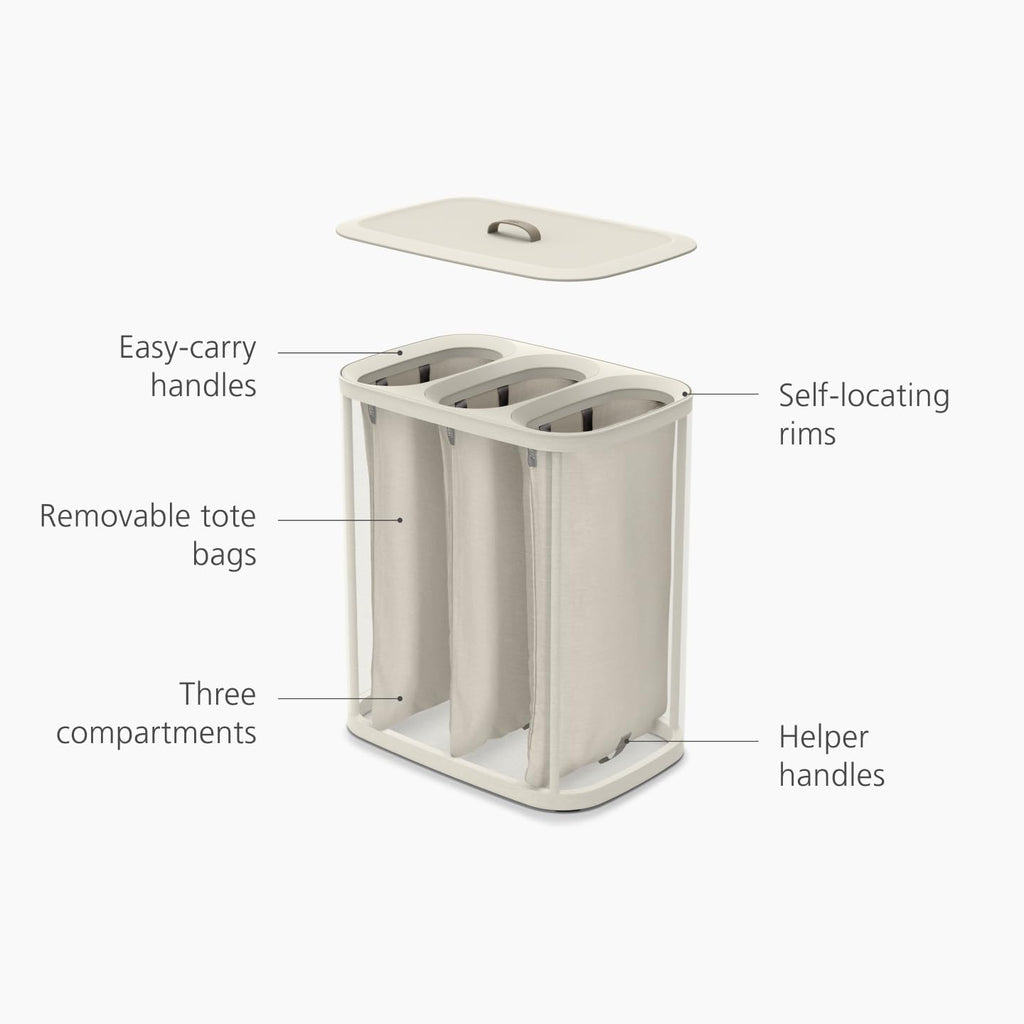 Joseph Joseph Tota Trio 90 liter/23.8 gallon Laundry Hamper Separation Basket with lid, 3 Removable Washing Bags with Handles- Ecru