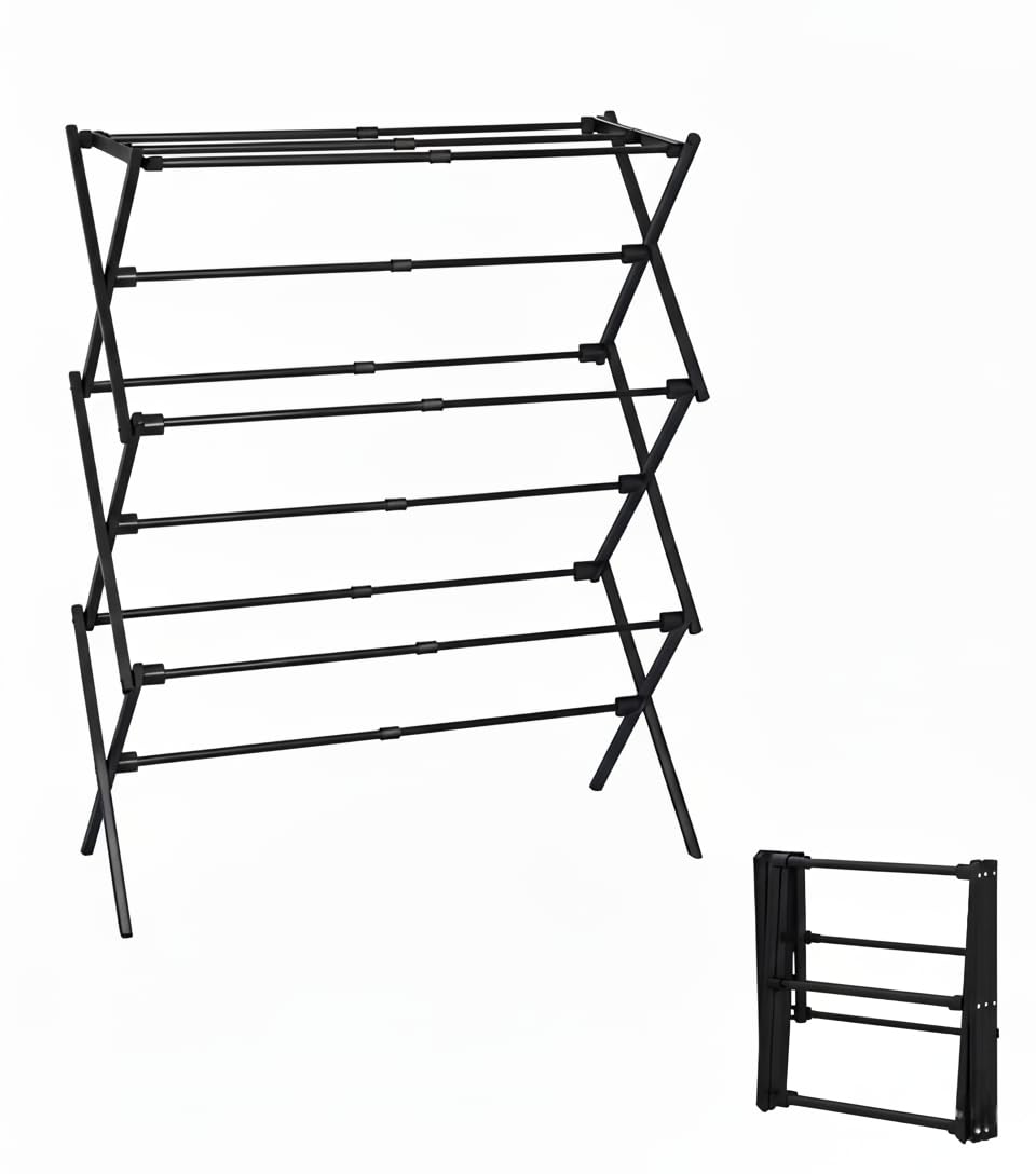 3-Tier Metal Folding Clothes Drying Rack, Laundry Drying Rack Clothing | Collapsible Dryer Racks for Laundry | Indoor & Outdoor,Black