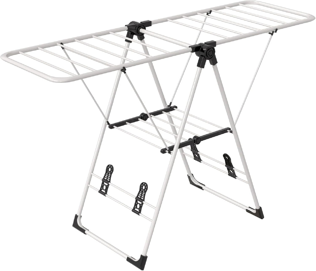 Maomo Foldable Clothes Drying Rack, Double-Sided Gullwing Laundry Drying Stand with Adjustable Wings, Tool-Free Setup, Space-Saving Steel Rack for Indoor Use, White