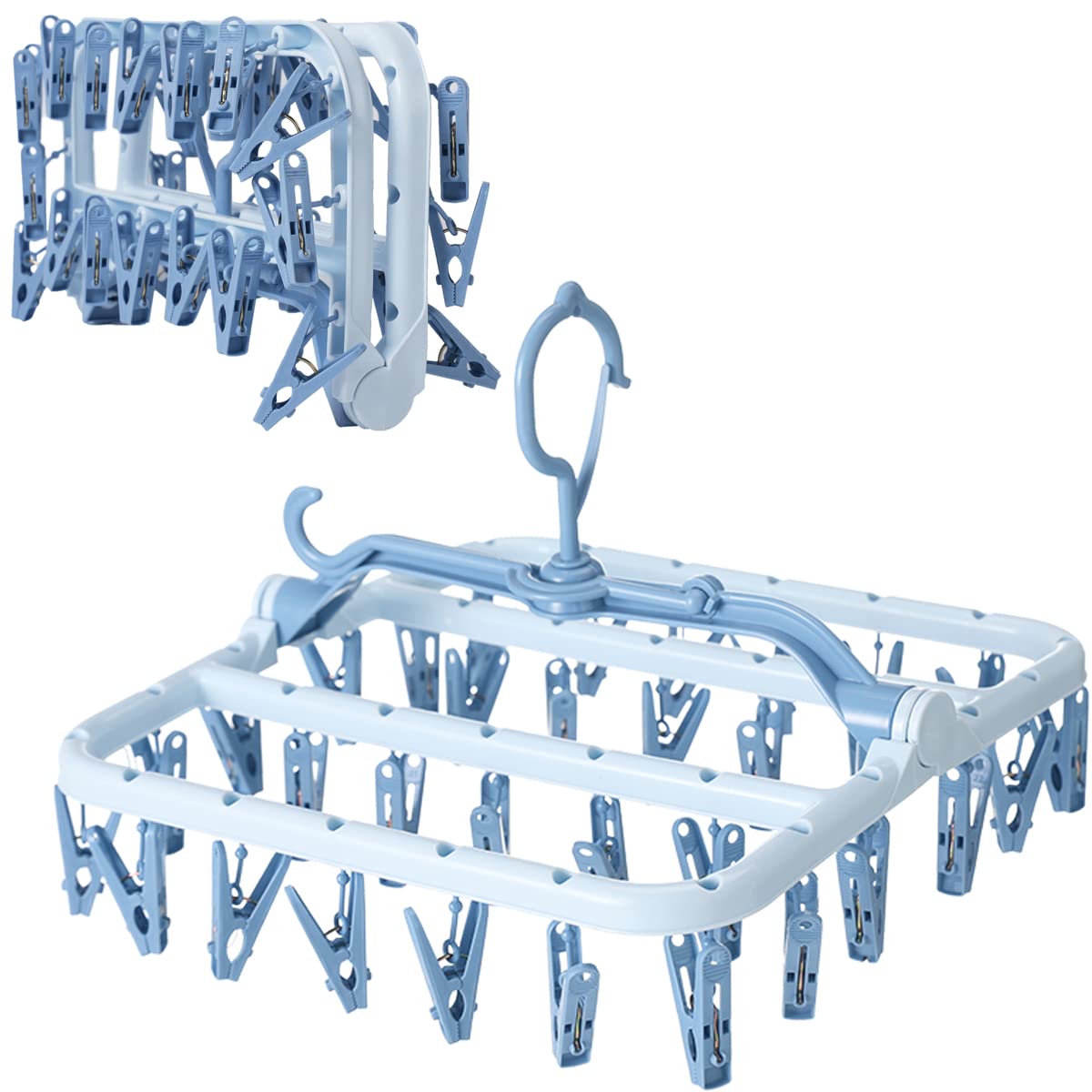 Foshine Foldable Clothes Drying Rack with 32 Drying Clips Wind-Proof Hook