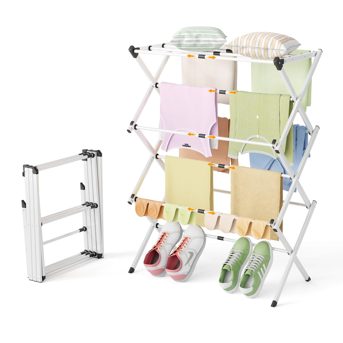 Foldable Clothes Drying Rack - 3-Tier Laundry Drying Rack, Collapsible Metal Indoor Airer, Portable X-Type Clothing Dryer with Shoe Hanger for Home & Balcony (No Assembly Required)