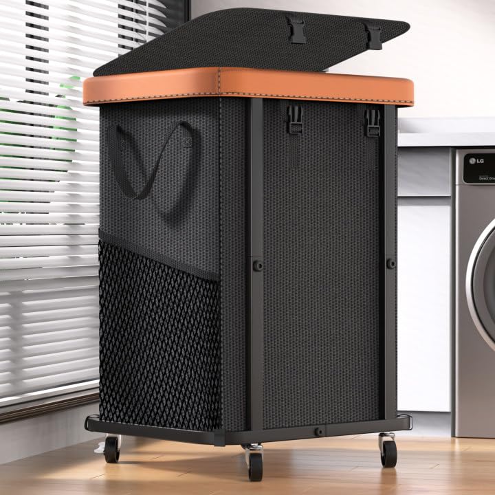 Laundry Hamper with Wheels,150L Leather Patchwork Clothes Hamper Black