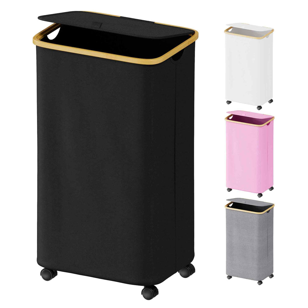SUOCO Laundry Basket with Lid, 29 Gal (110L) Clothes Hamper with Bamboo Handles, Large Foldable Laundry Hamper for Bedroom, Bathroom, Dorm, Laundry Room - Black