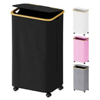SUOCO Laundry Basket with Lid, 29 Gal (110L) Clothes Hamper with Bamboo Handles, Large Foldable Laundry Hamper for Bedroom, Bathroom, Dorm, Laundry Room - Black