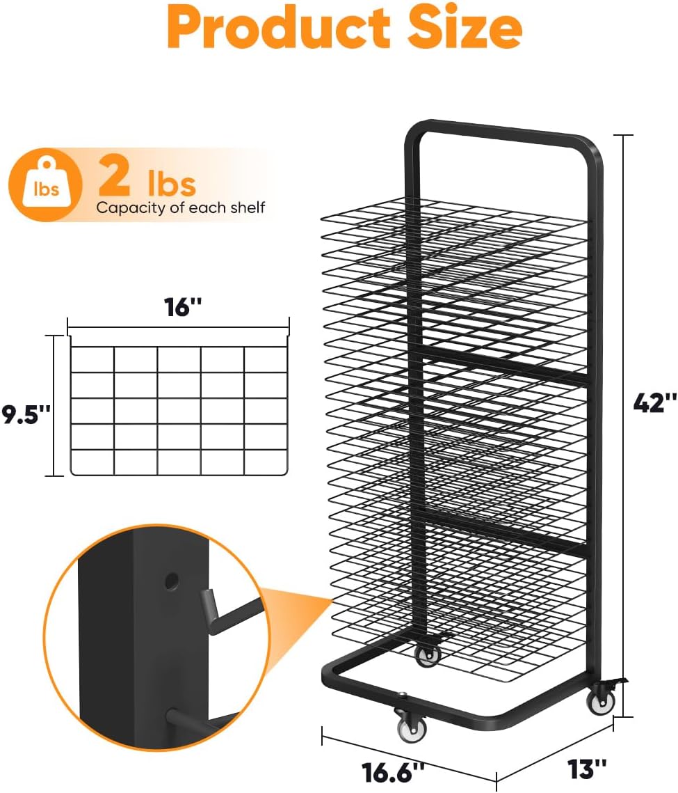 Art Drying Rack with 25 Removable Shelves, Mobile Metal Paint Drying Stand with Lockable Wheels, Functional Canvas Rack Art Storage for Artwork in Classrooms, Art Studios and Schools, Black