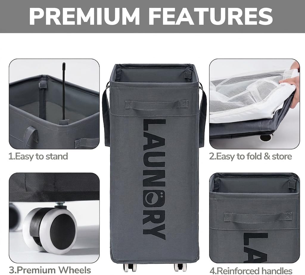 Goodpick 75L Laundry Basket with Wheels & Removable Wash Bag for Dorm