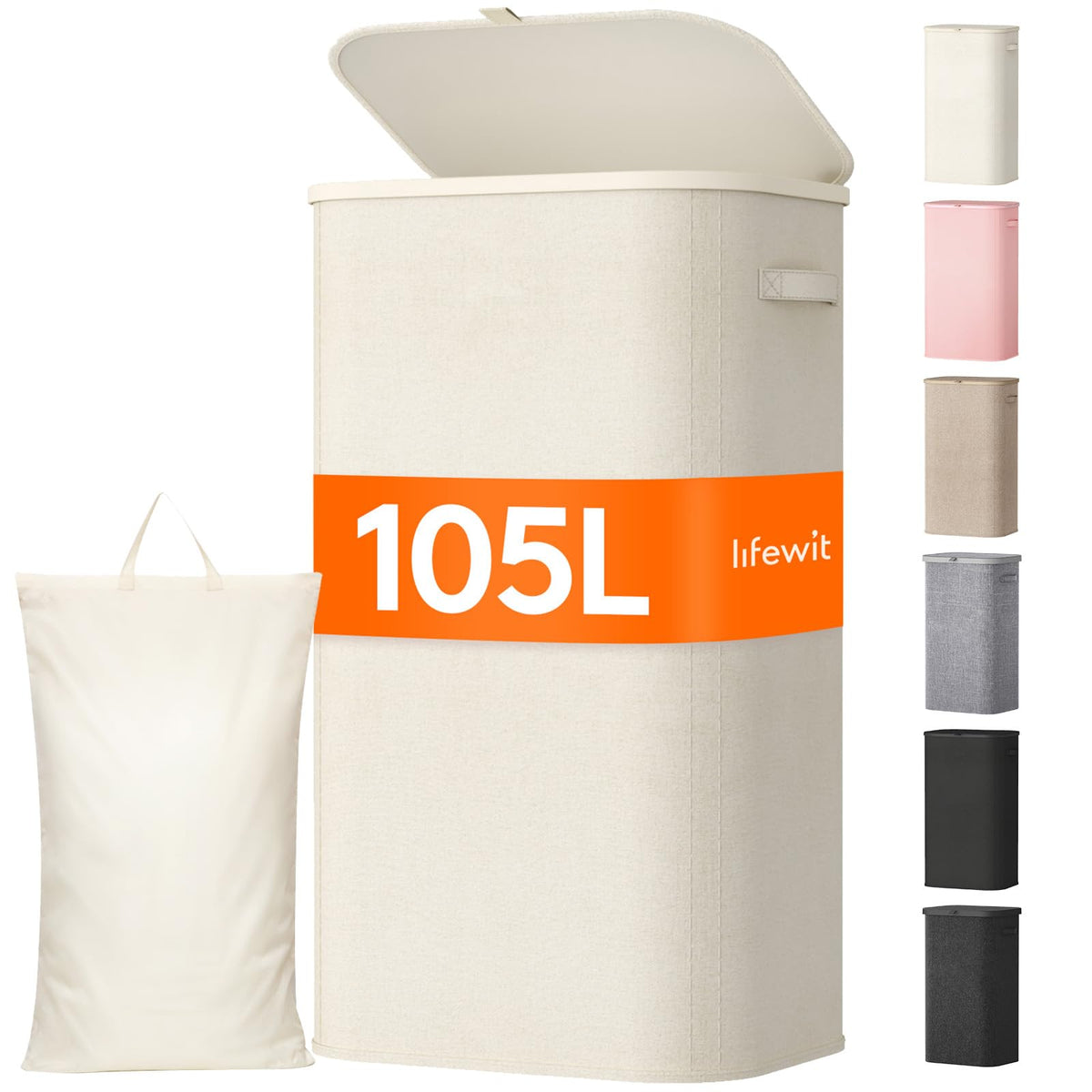 Lifewit 105L Large Laundry Basket with Lid, Laundry Hamper with Plastic Handles and Removable Bag, Foldable Tall Dirty Clothes Hampers for Laundry for Laundry Room, Bedroom, Bathroom, Dorm, Beige