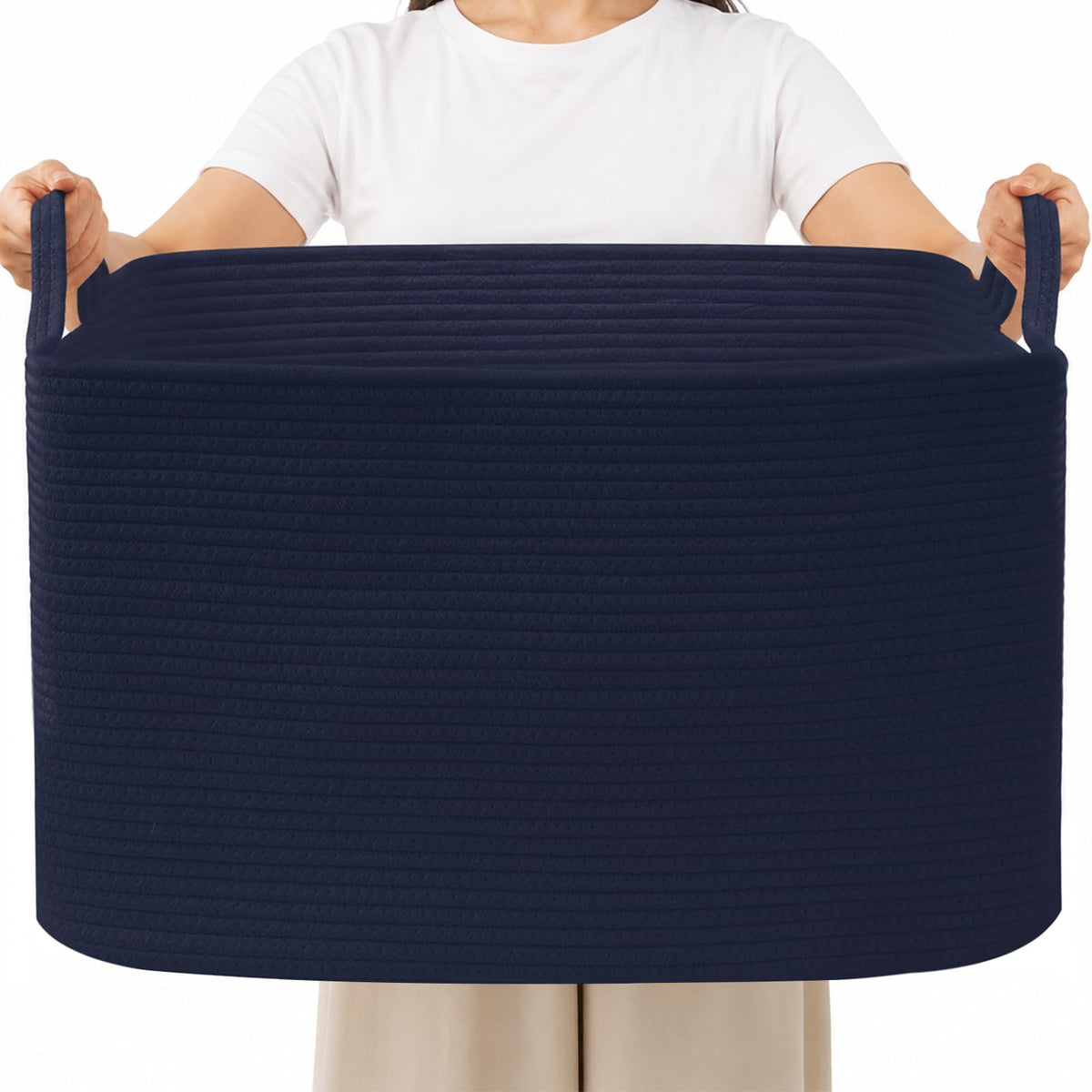 65L Laundry Basket with Handles, Woven Blanket Basket, White/Brown