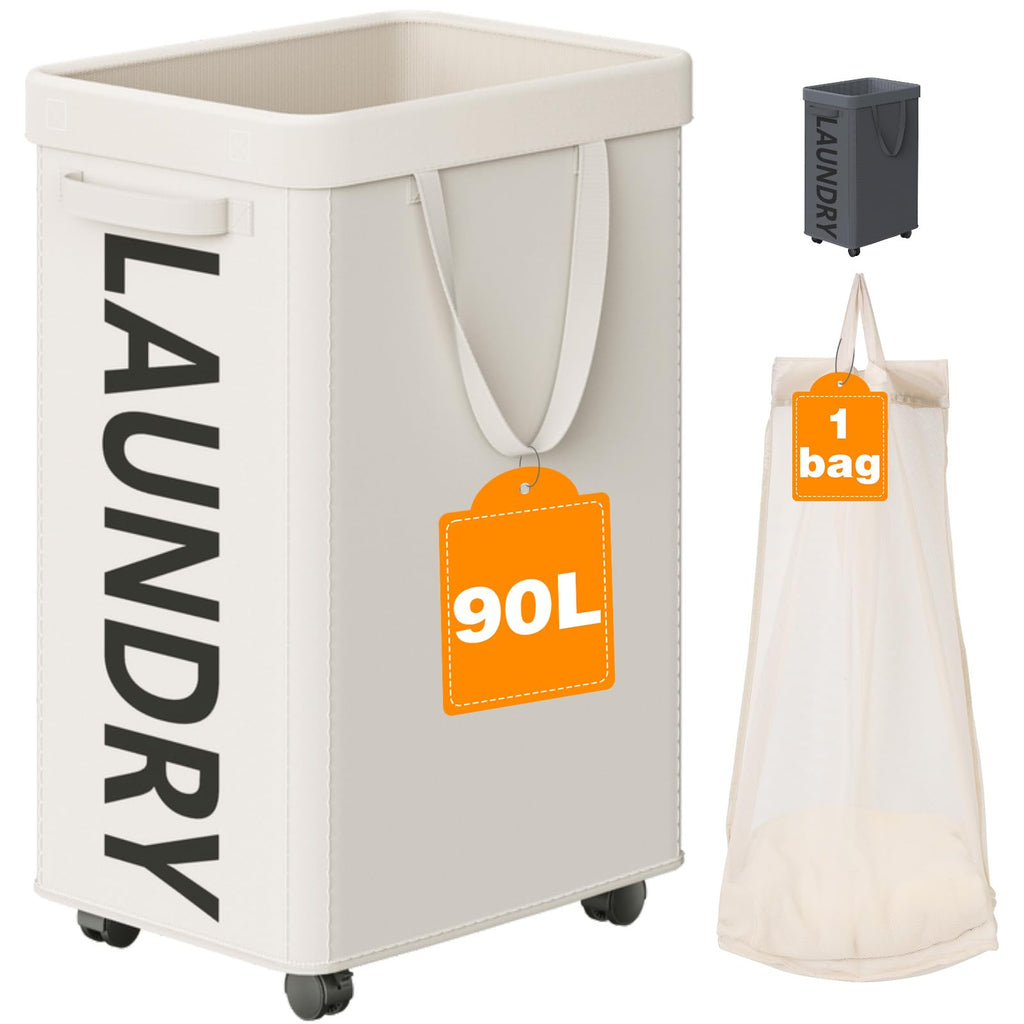 Optish 90L Laundry Basket with Wheels, Rolling Hamper with Removable Bag