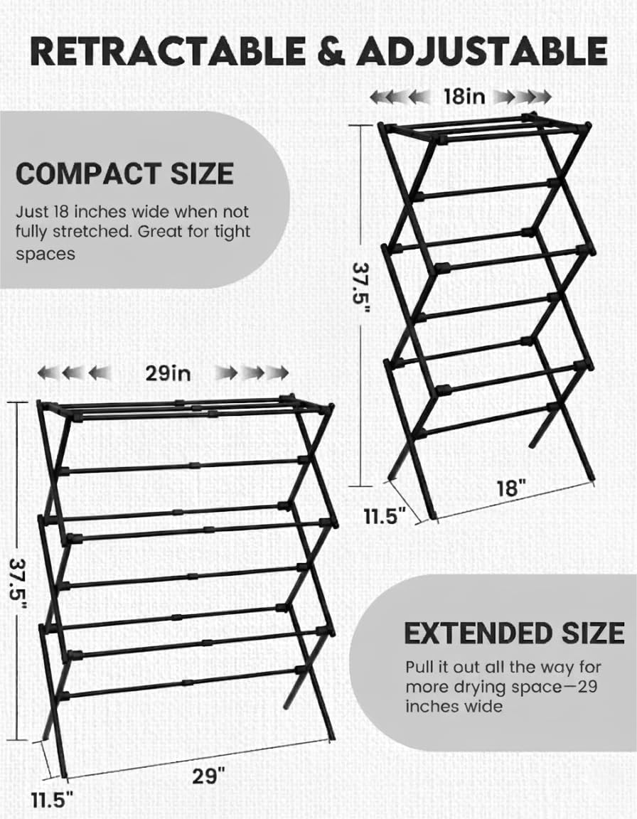 3-Tier Metal Folding Clothes Drying Rack, Laundry Drying Rack Clothing | Collapsible Dryer Racks for Laundry | Indoor & Outdoor,Black