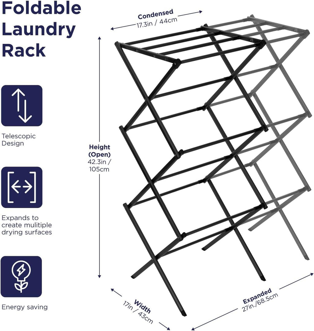 Black+Decker 3 Tier Expandable Collapsing Foldable Laundry Rack for Air Drying Clothing, Space Saving Heavy Duty Lightweight Metal Drying Rack, Black