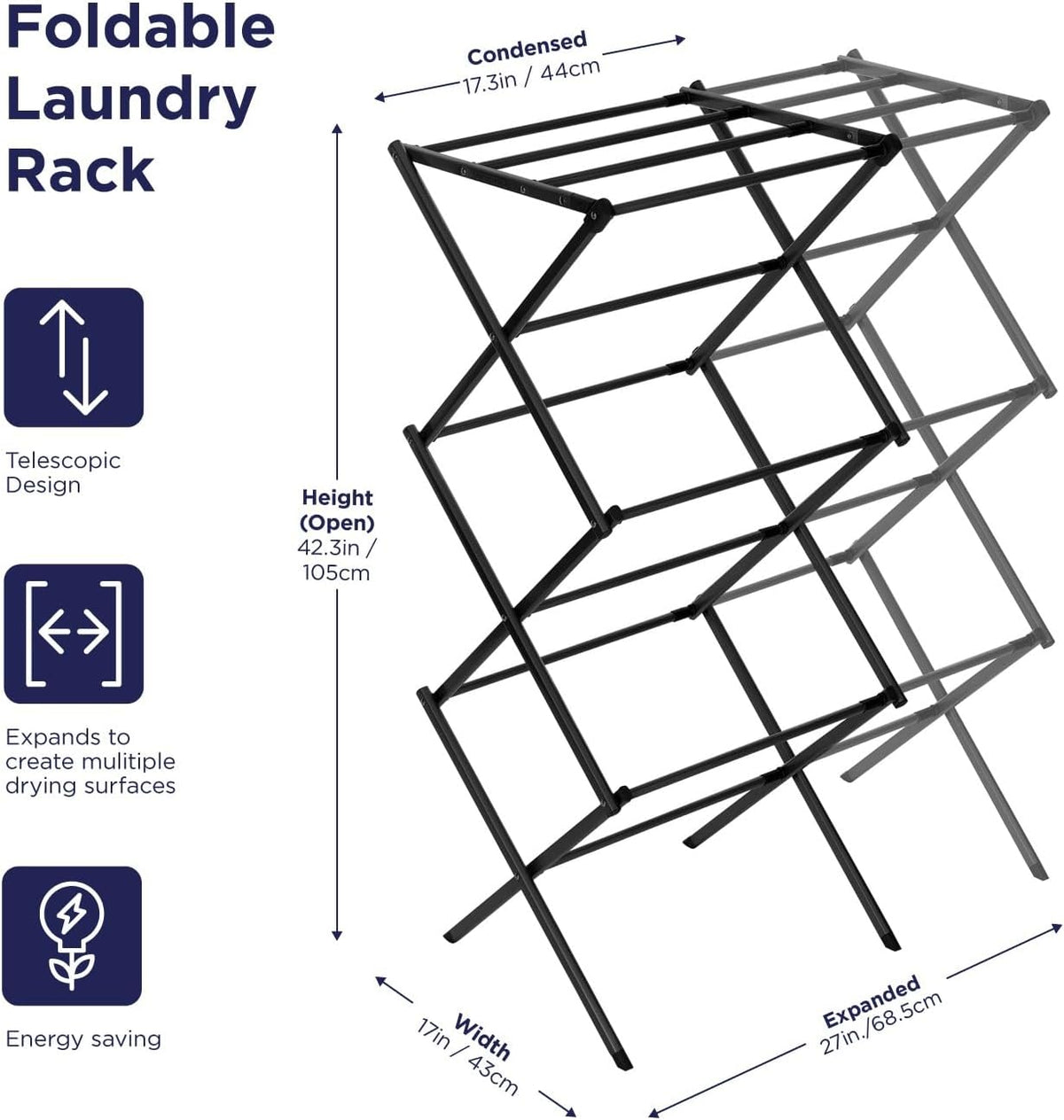 Black+Decker 3 Tier Expandable Collapsing Foldable Laundry Rack for Air Drying Clothing, Space Saving Heavy Duty Lightweight Metal Drying Rack, Black