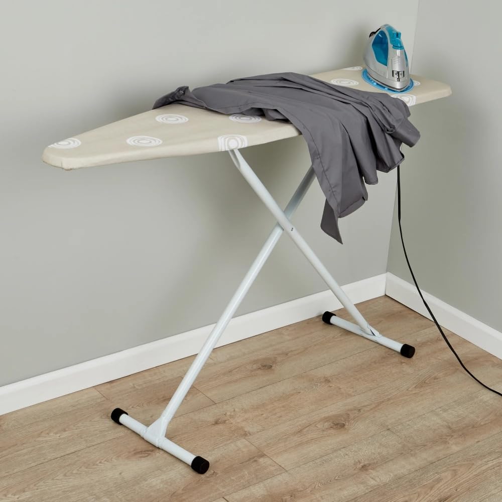 Full-Size Adjustable Height Ironing Board with Steel Frame, Extra-Thick Cotton Cover & Non-Slip Feet, Beige