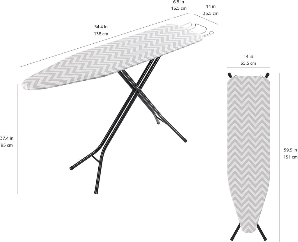 Amazon Basics Height Adjustable Full-Size Foldable Ironing Board, 4-Leg Fold-Up, Chevron Removable Cover, 60" x 14" x 38"