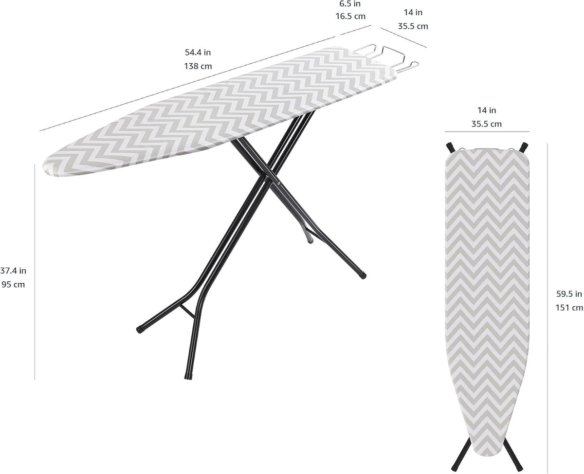 Amazon Basics Height Adjustable Full-Size Foldable Ironing Board, 4-Leg Fold-Up, Chevron Removable Cover, 60" x 14" x 38"
