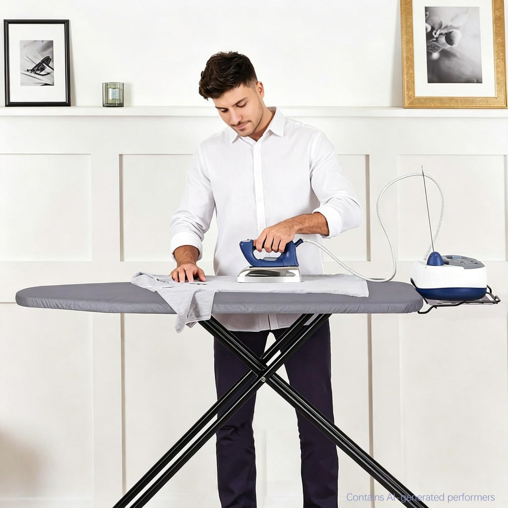 Jakeefud Deluxe Ironing Board with Heat Resistant Cover and Thicken Felt Pad, Heavy Sturdy Legs,Full Size Hanger Iron Board,Foldable (L-Grey)