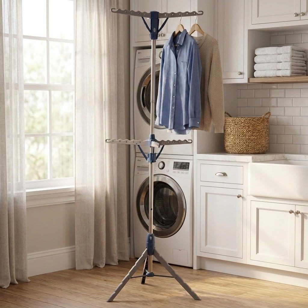 Household Essentials 5012-1 Portable 2-Tier Clothes Drying Rack Tri-pod | Dry Wet Laundry or Hang Clothes | Silver and Blue