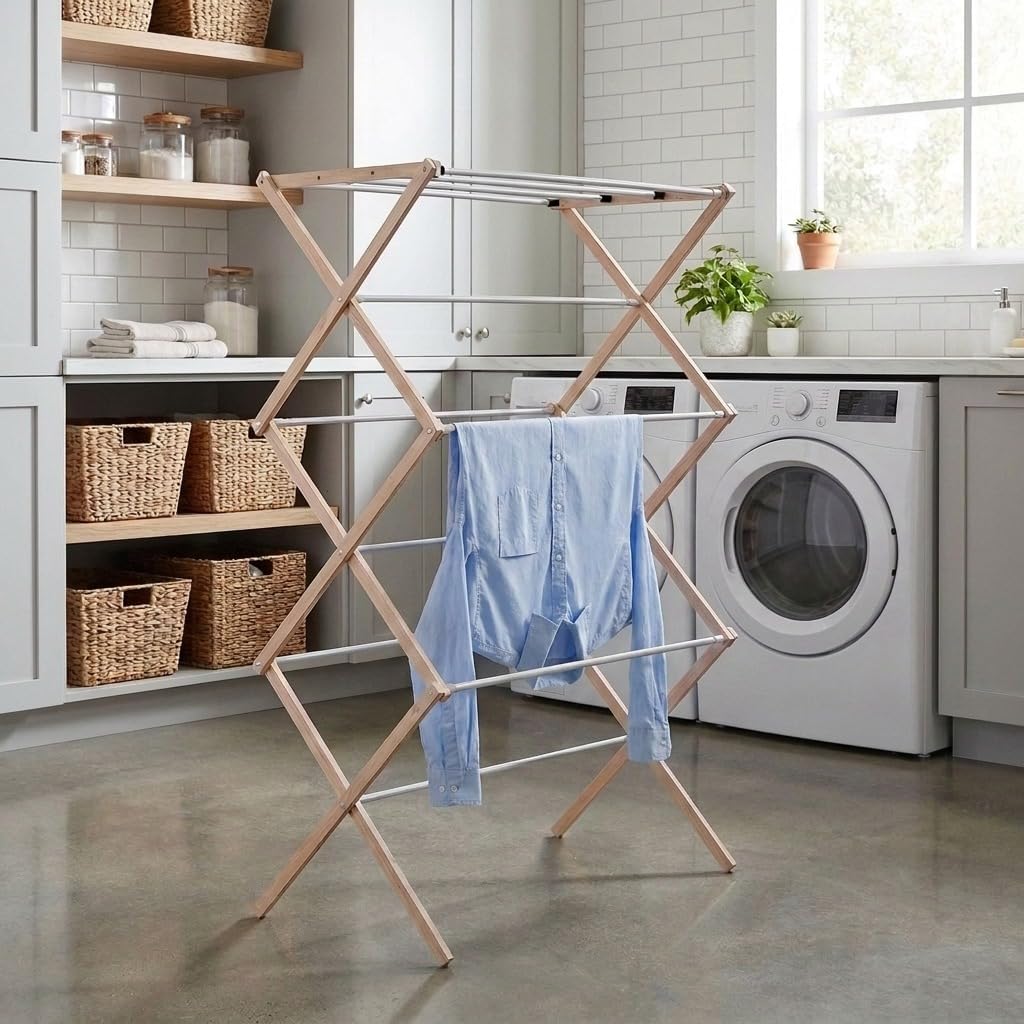 Household Essentials 5001 Collapsible Folding Wooden Clothes Drying Rack For Laundry | Pre Assembled