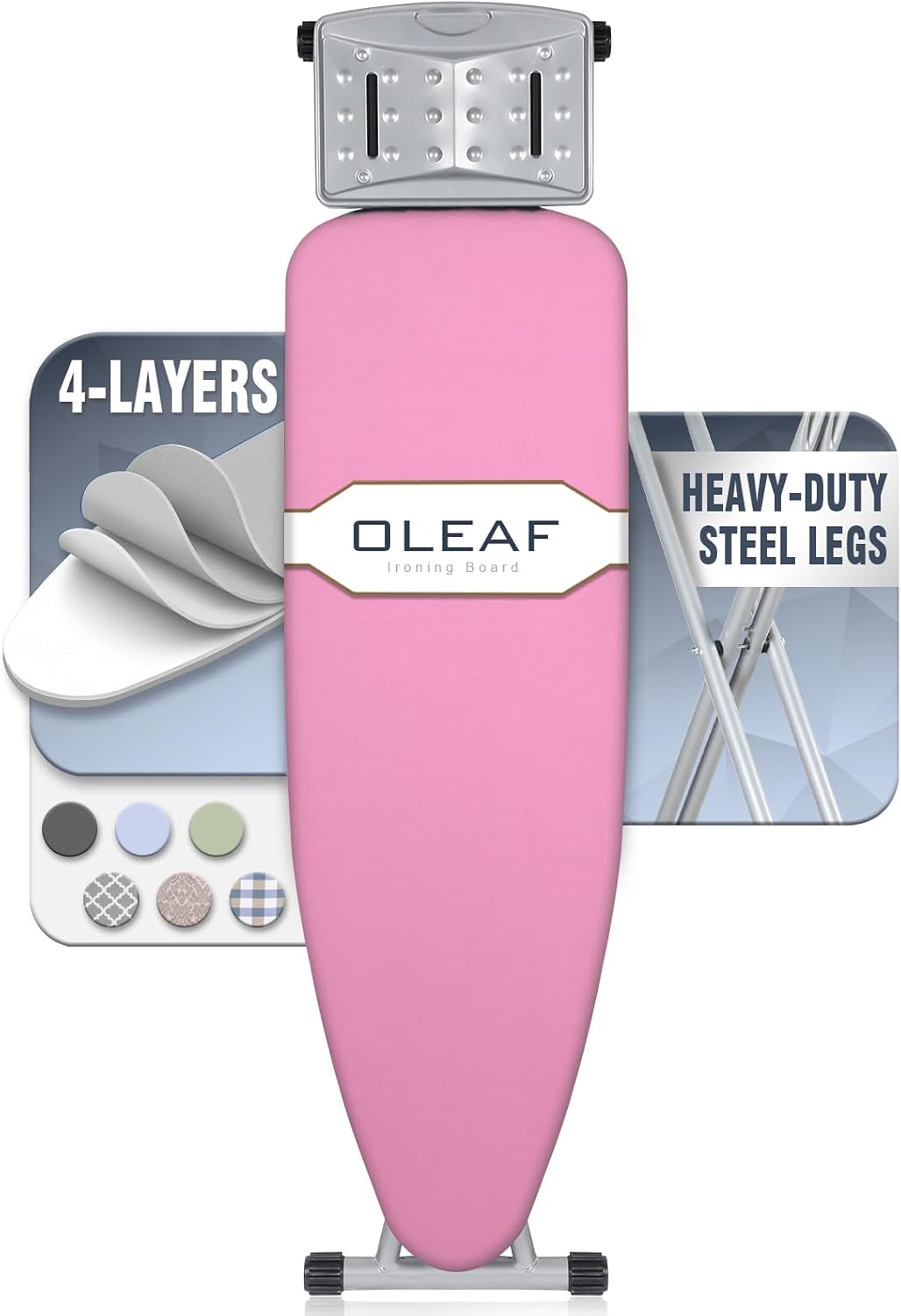 oleaf Ironing Board with Cover and Thicken Pad Height Adjustable Full Size Foldable Iron Board with Iron Rest, Stable Steel Legs, Metal Construction, Heat Resistant, Pink