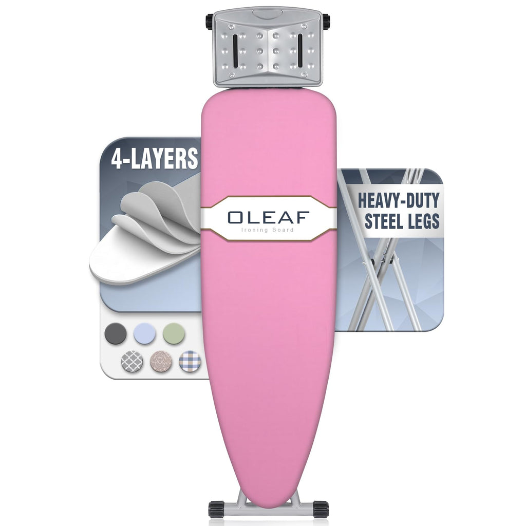 oleaf Ironing Board with Cover and Thicken Pad Height Adjustable Full Size Foldable Iron Board with Iron Rest, Stable Steel Legs, Metal Construction, Heat Resistant, Pink