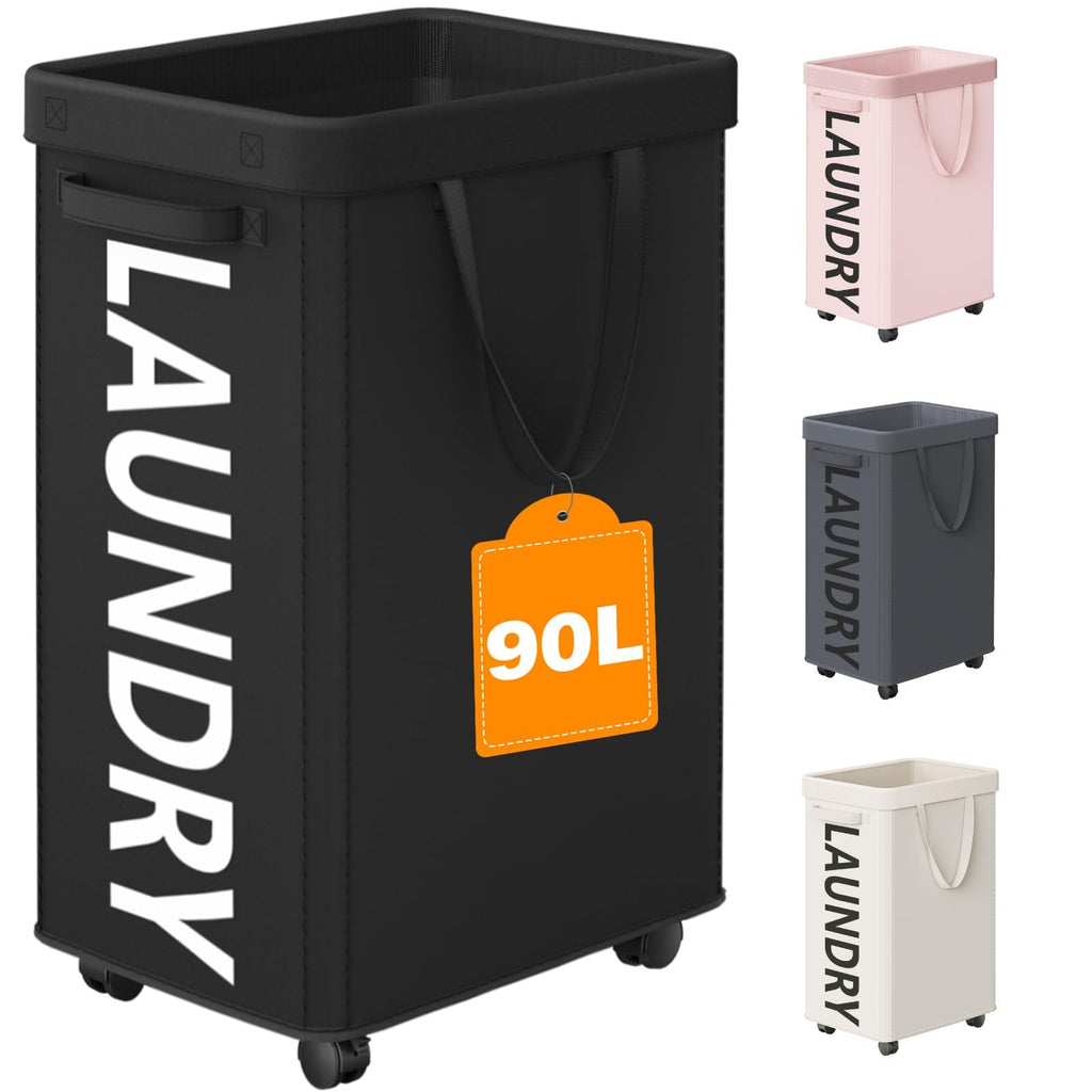 Optish 90L Laundry Basket with Wheels, Rolling Hamper with Removable Bag
