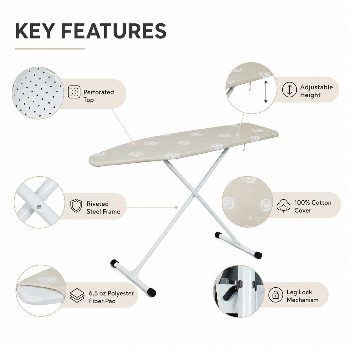 Folding T-Leg Ironing Board, 53 x 14 Inch, Adjustable Height, for Home Use