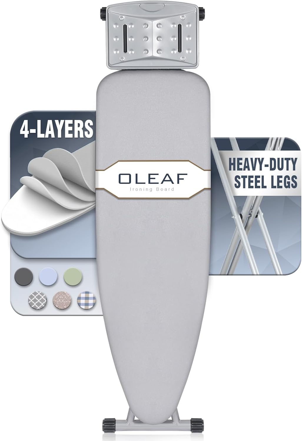 oleaf Ironing Board with Cover and Thicken Pad Height Adjustable Full Size Foldable Iron Board with Iron Rest, Stable Steel Legs, Metal Construction, Heat Resistant, Silver