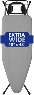 BKTD Extra-Wide Ironing Board – 48"×18" Large Surface (57" w/Iron Rest) • Built-in Clothes Rack, Hanger & Cord Holder • Heat-Resistant Cover • Heavy-Duty, No Wobble • Adjustable Height • Black Grey.