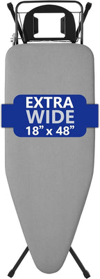 BKTD Extra-Wide Ironing Board – 48"×18" Large Surface (57" w/Iron Rest) • Built-in Clothes Rack, Hanger & Cord Holder • Heat-Resistant Cover • Heavy-Duty, No Wobble • Adjustable Height • Black Grey.