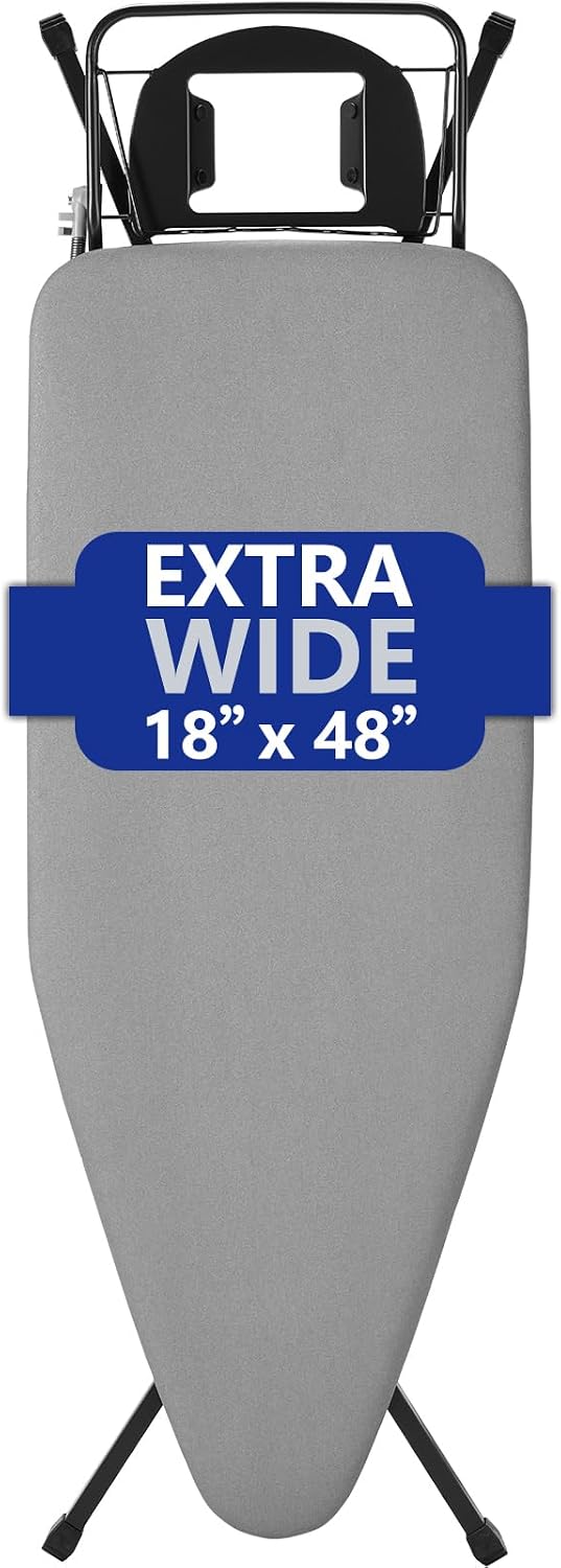 BKTD Extra-Wide Ironing Board – 48"×18" Large Surface (57" w/Iron Rest) • Built-in Clothes Rack, Hanger & Cord Holder • Heat-Resistant Cover • Heavy-Duty, No Wobble • Adjustable Height • Black Grey.