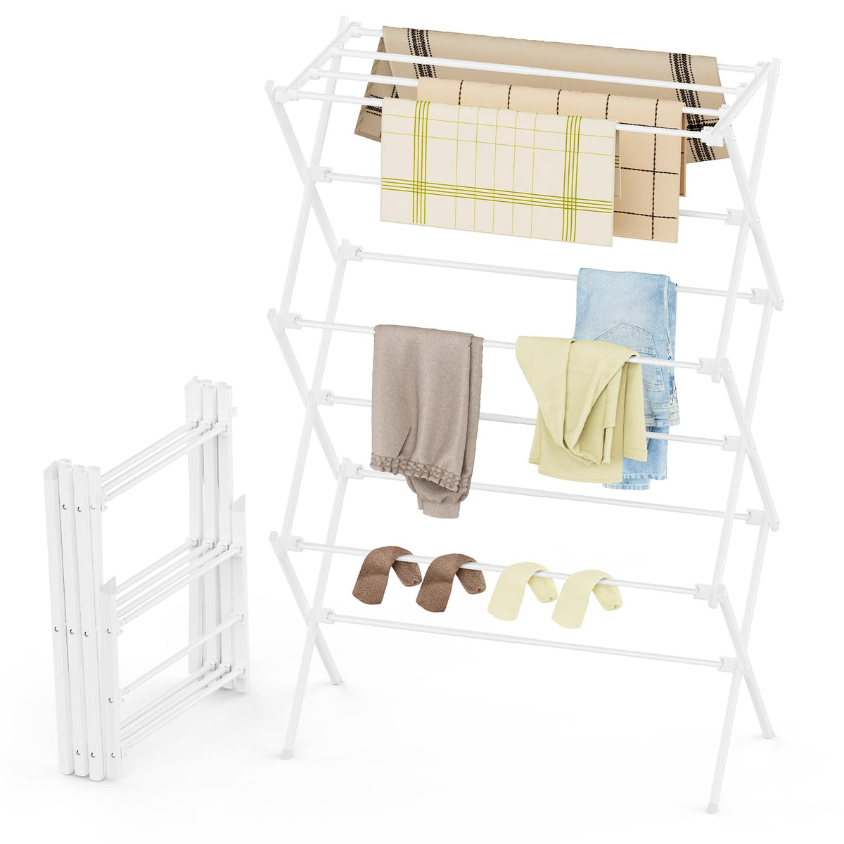 Drying Rack Clothing, 3-Tier Clothes Drying Rack Foldable, Antirust Laundry Drying Rack Collapsible Use for Indoor & Outdoor, 11.8" D x 34.6" W x 35.4" H, White