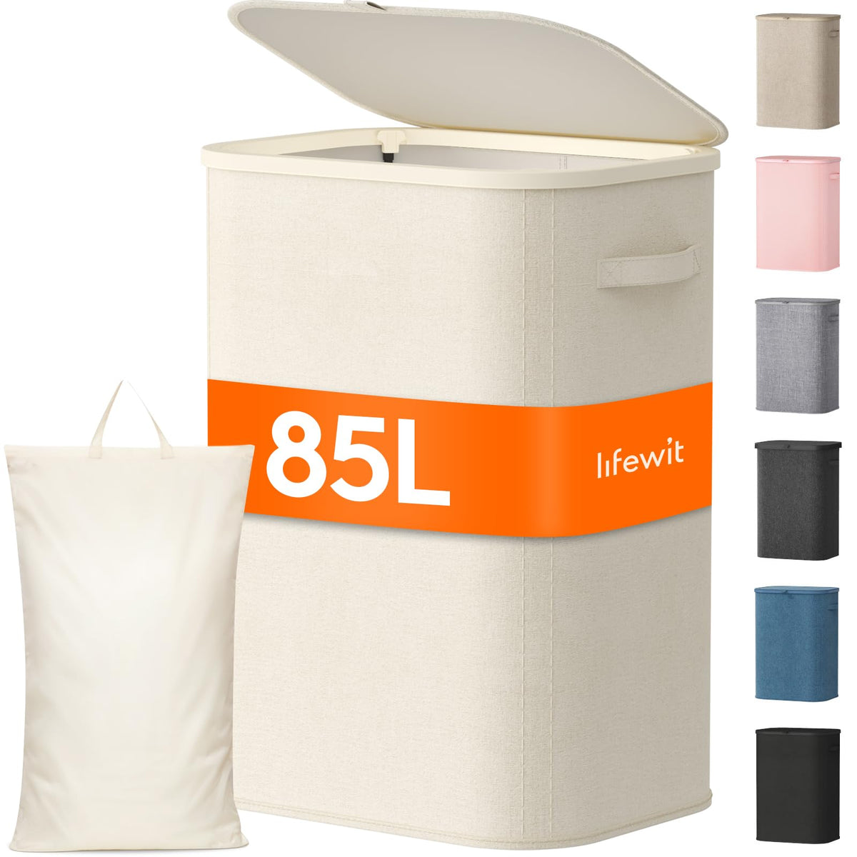 Lifewit 105L Large Laundry Basket with Lid, Laundry Hamper with Plastic Handles and Removable Bag, Foldable Tall Dirty Clothes Hampers for Laundry for Laundry Room, Bedroom, Bathroom, Dorm, Beige