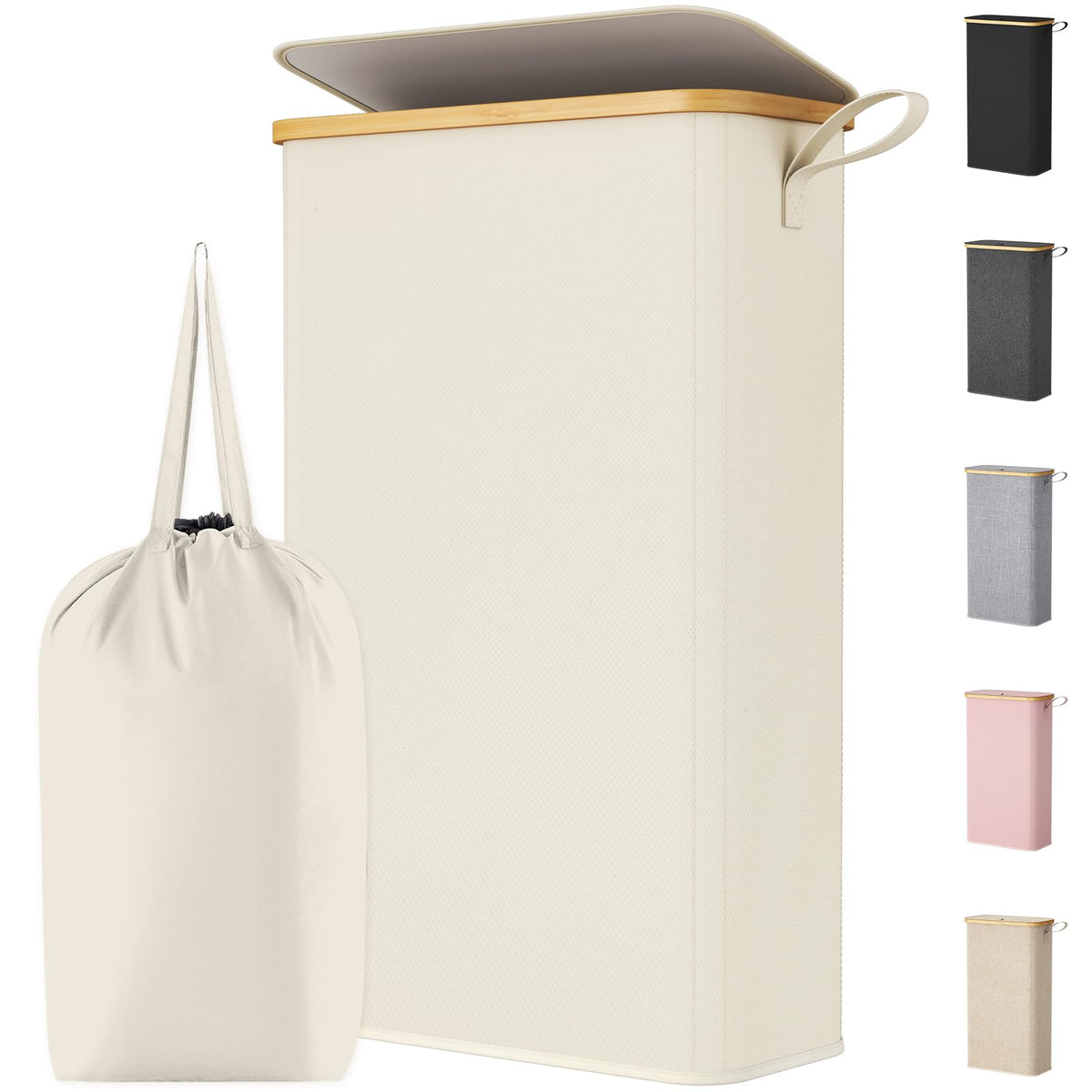 Lifewit 65L Slim Laundry Hamper with Lid and Removable Bag, Beige