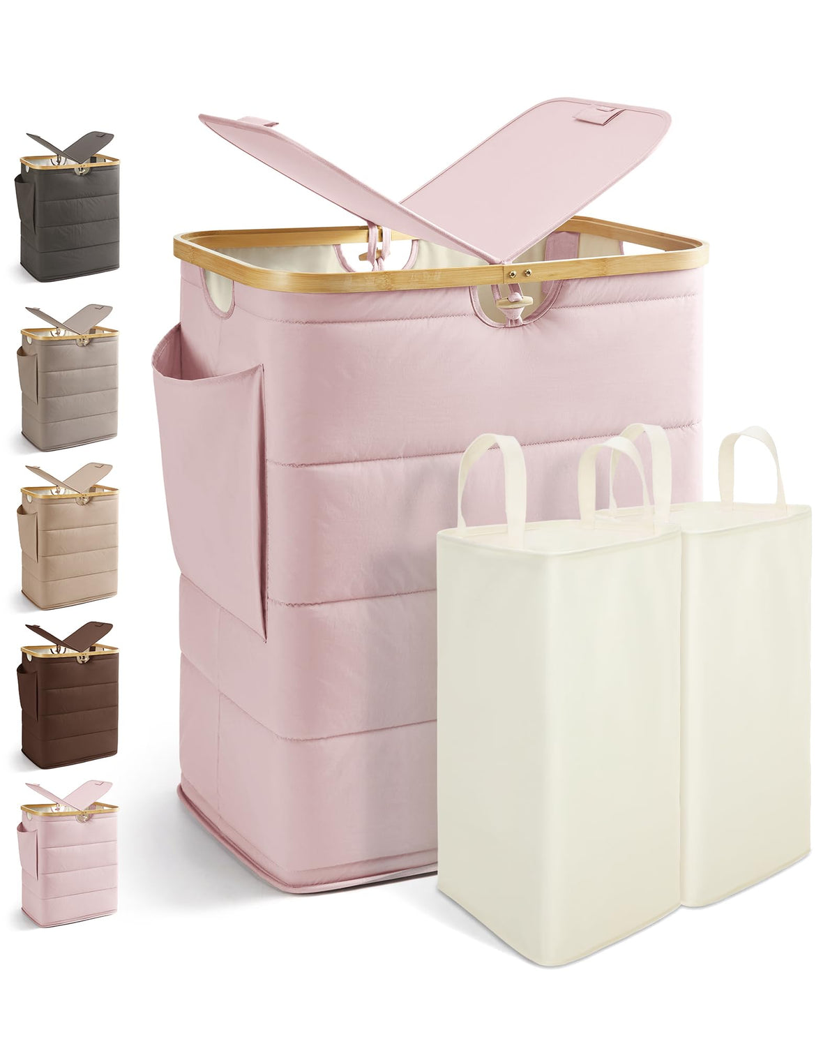 MIZATTO 2 Section Laundry Hamper with Lid, 140L Quilted Puffer Basket