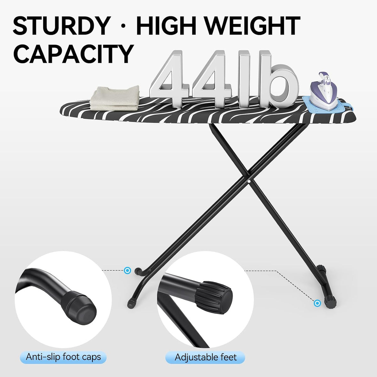 APEXCHASER Ironing Board Full Size, Iron Board with Silicon Rest, Foldable Ironing Boards Standard Size, Heavy Duty Iron Stand Boads, Ironing Table with 7 Height Adjustable Anti-Slip Feet, 13x43 Gray