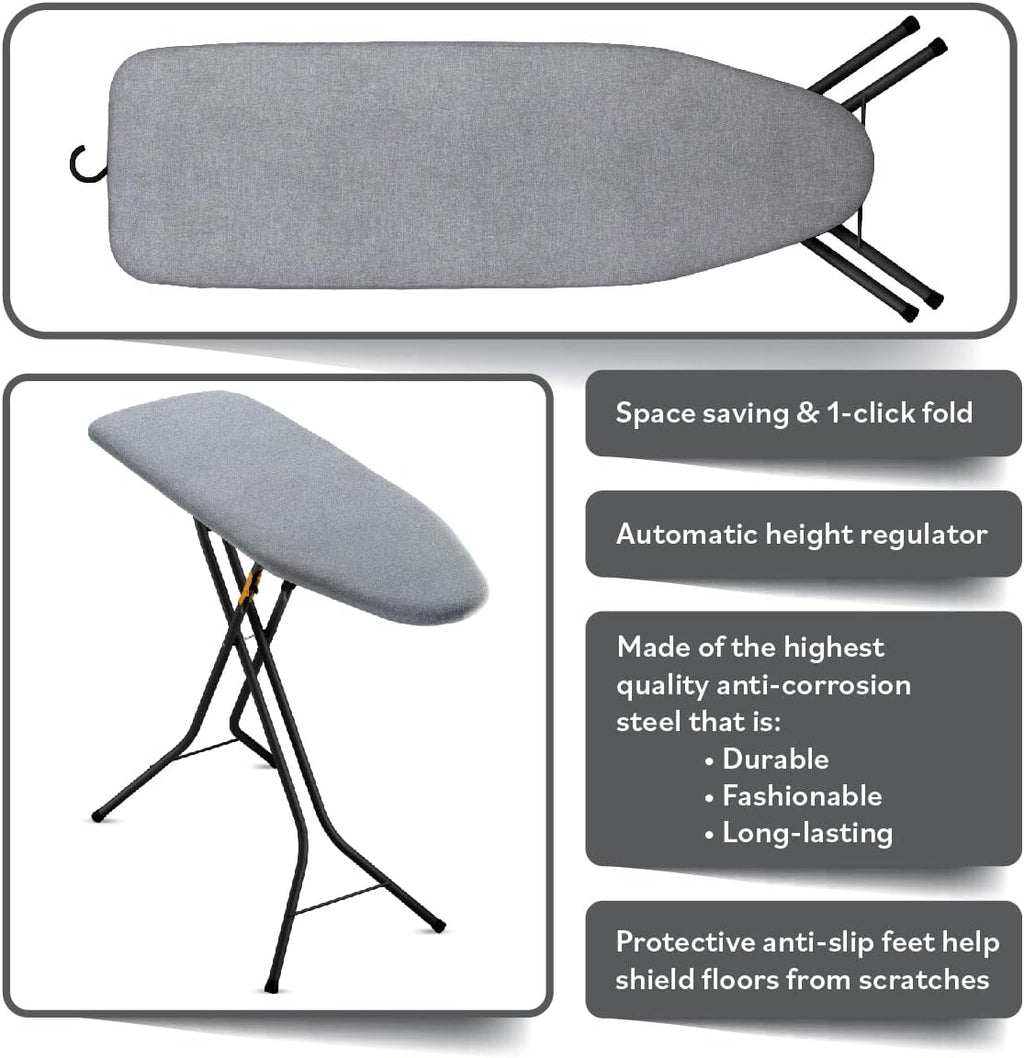 Bartnelli Pulse Ironing Board | Made in Europe | Patent Space Saving Smart Hanger Iron Board for Easy Storage | Lightweight, 4 Layer Cover, 4 Legs, for Dorm, Laundry Room, or Small Spaces(43x13-35)