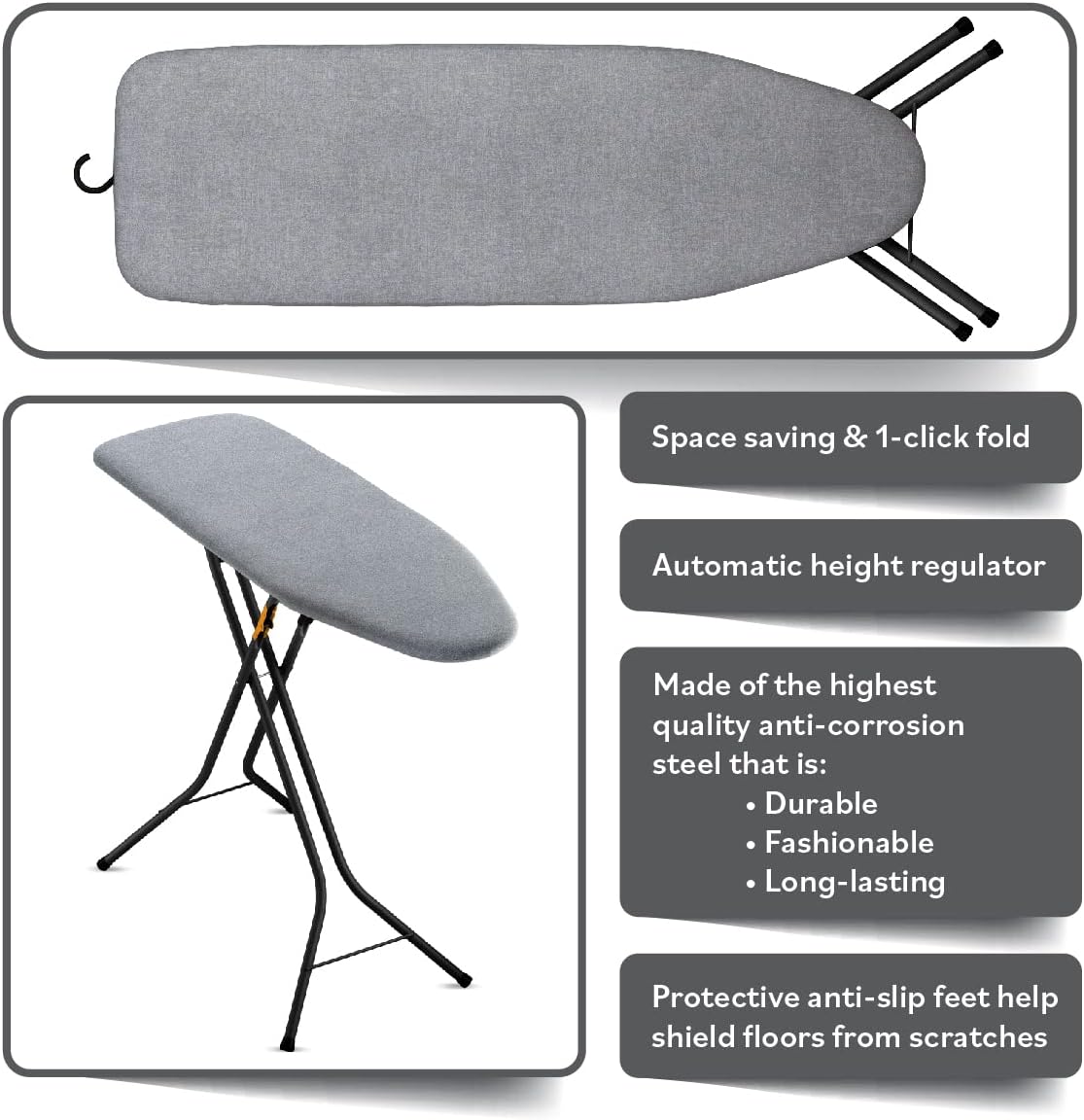 Bartnelli Pulse Ironing Board | Made in Europe | Patent Space Saving Smart Hanger Iron Board for Easy Storage | Lightweight, 4 Layer Cover, 4 Legs, for Dorm, Laundry Room, or Small Spaces(43x13-35)