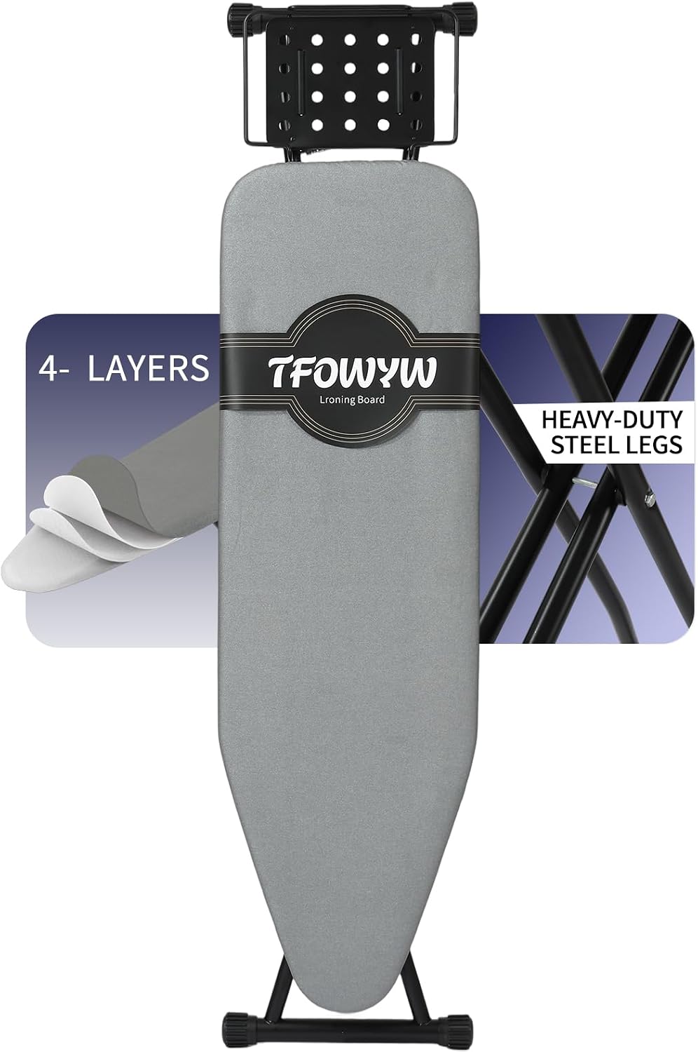 Hanger Iron Board 43" X 13" with Heat Resistant Cover and Thicken Felt Pad, Safety Iron Rest, Anti-Skid Feet, Height Adjustable, Heavy Duty (Grey B)