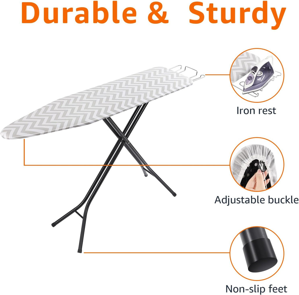 Amazon Basics Height Adjustable Full-Size Foldable Ironing Board, 4-Leg Fold-Up, Chevron Removable Cover, 60" x 14" x 38"
