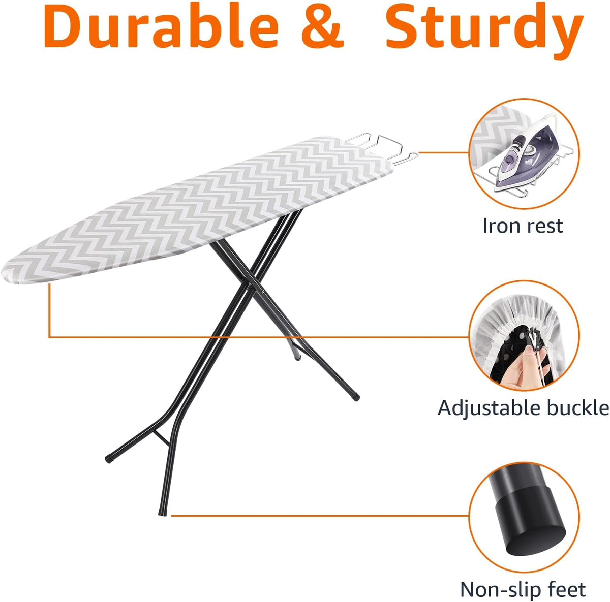Amazon Basics Height Adjustable Full-Size Foldable Ironing Board, 4-Leg Fold-Up, Chevron Removable Cover, 60" x 14" x 38"