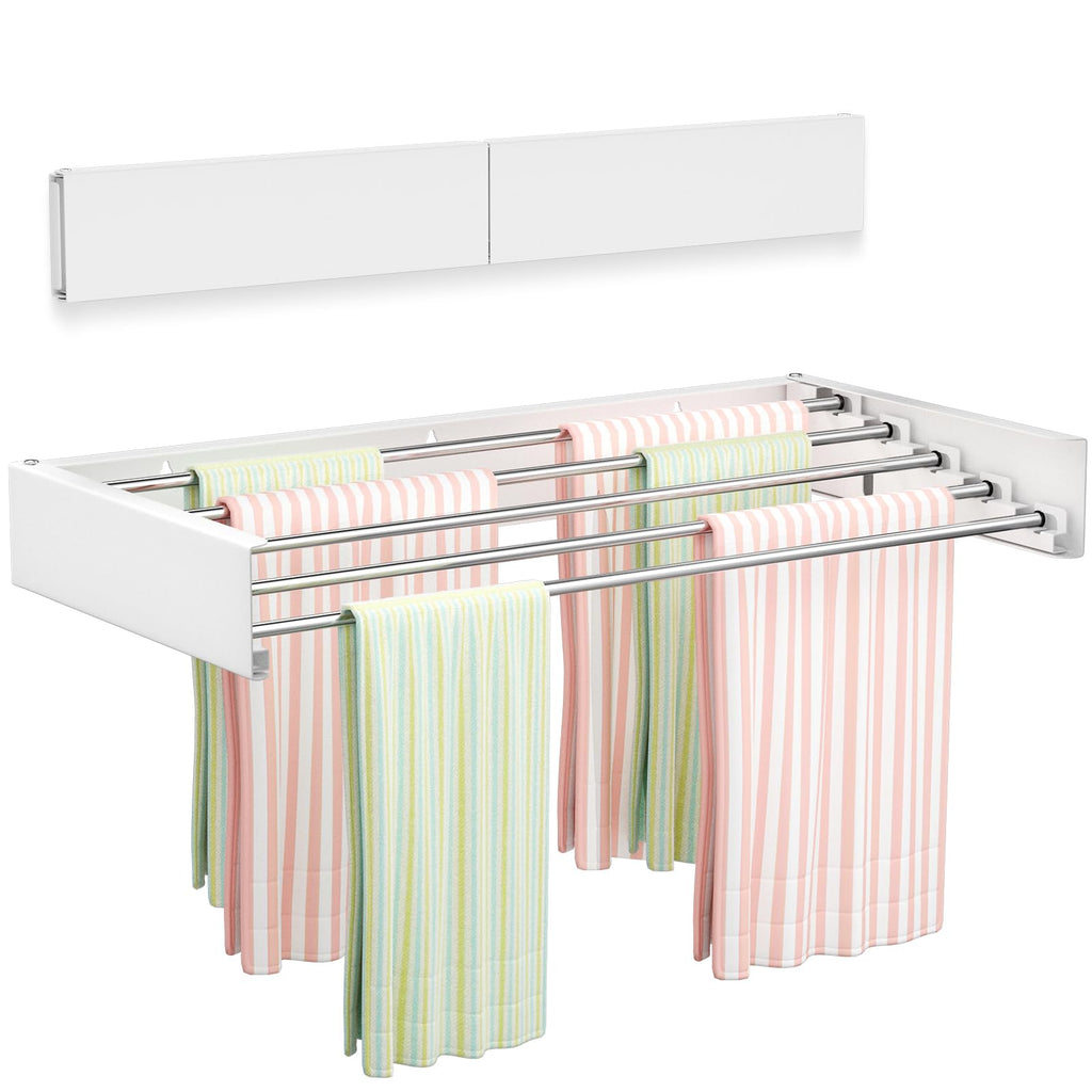 Vikaqi Wall Mounted Clothes Drying Rack 40 inches, Foldable Wall Mount Laundry Rack Folding Indoor, Drying Rack Clothing Collapsible, Hidden Space Saver with Wall Template, 6 Rods, White