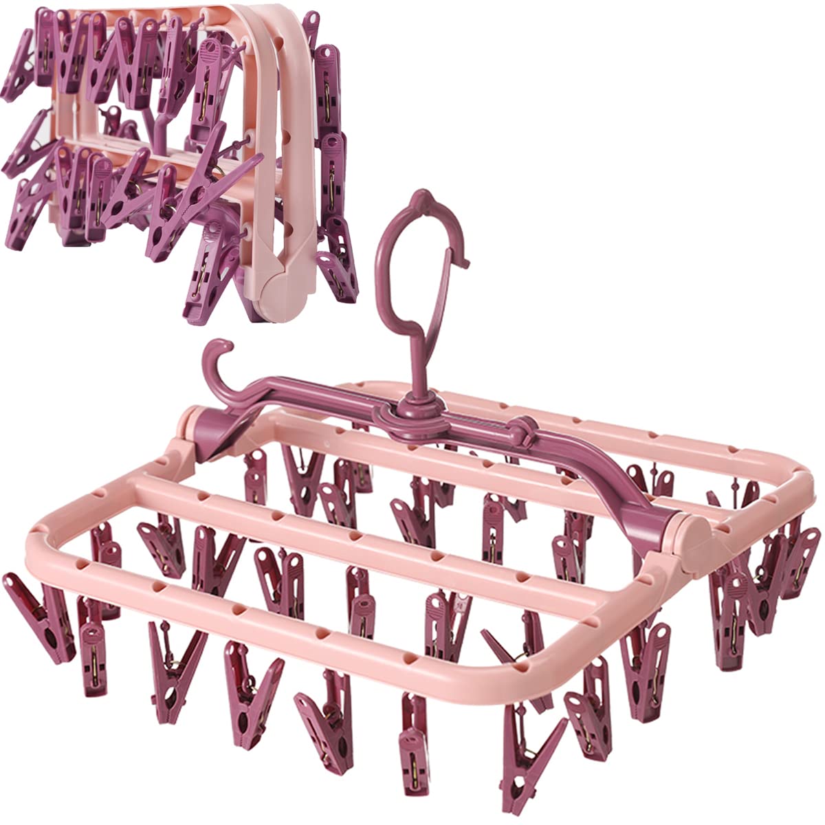 Foshine Foldable Clothes Drying Rack with 32 Drying Clips Wind-Proof Hook