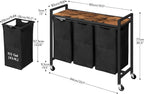 HOOBRO Laundry Sorter 3 Section, Laundry Hamper with Wheels, 3 × 11.5 Gal (43.5 L), Rolling Laundry Basket, Pull-Out and Removable Oxford Fabric Laundry Bags, Rustic Brown and Black BF76XY01
