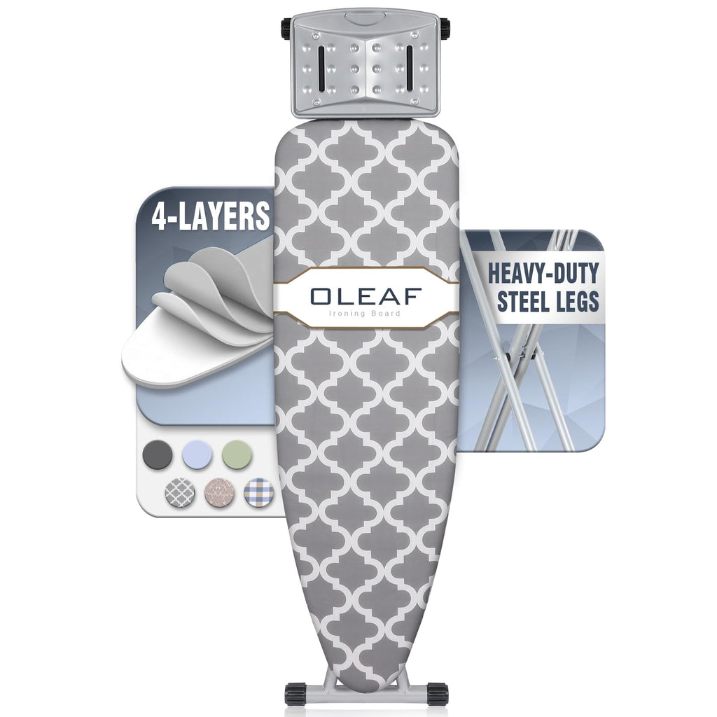 oleaf Ironing Board with Cover and Thicken Pad Height Adjustable Full Size Foldable Iron Board with Iron Rest, Stable Steel Legs, Metal Construction, Heat Resistant, Silver