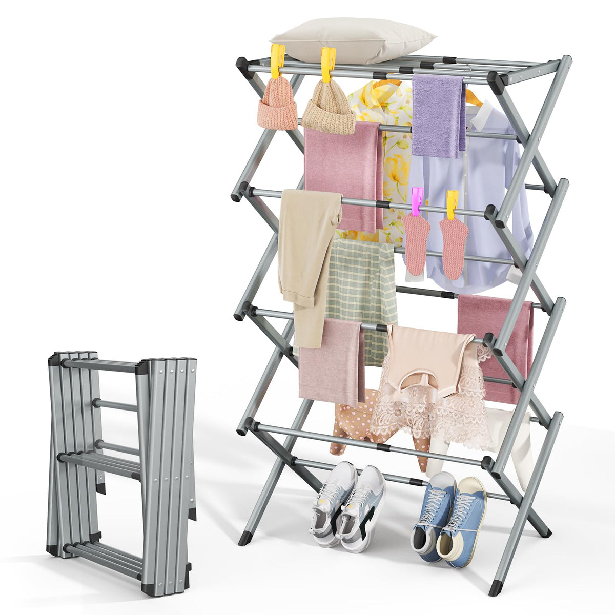 Foldable Clothes Drying Rack - 3-Tier Laundry Drying Rack, Collapsible Metal Indoor Airer, Portable X-Type Clothing Dryer with Shoe Hanger for Home & Balcony (No Assembly Required)