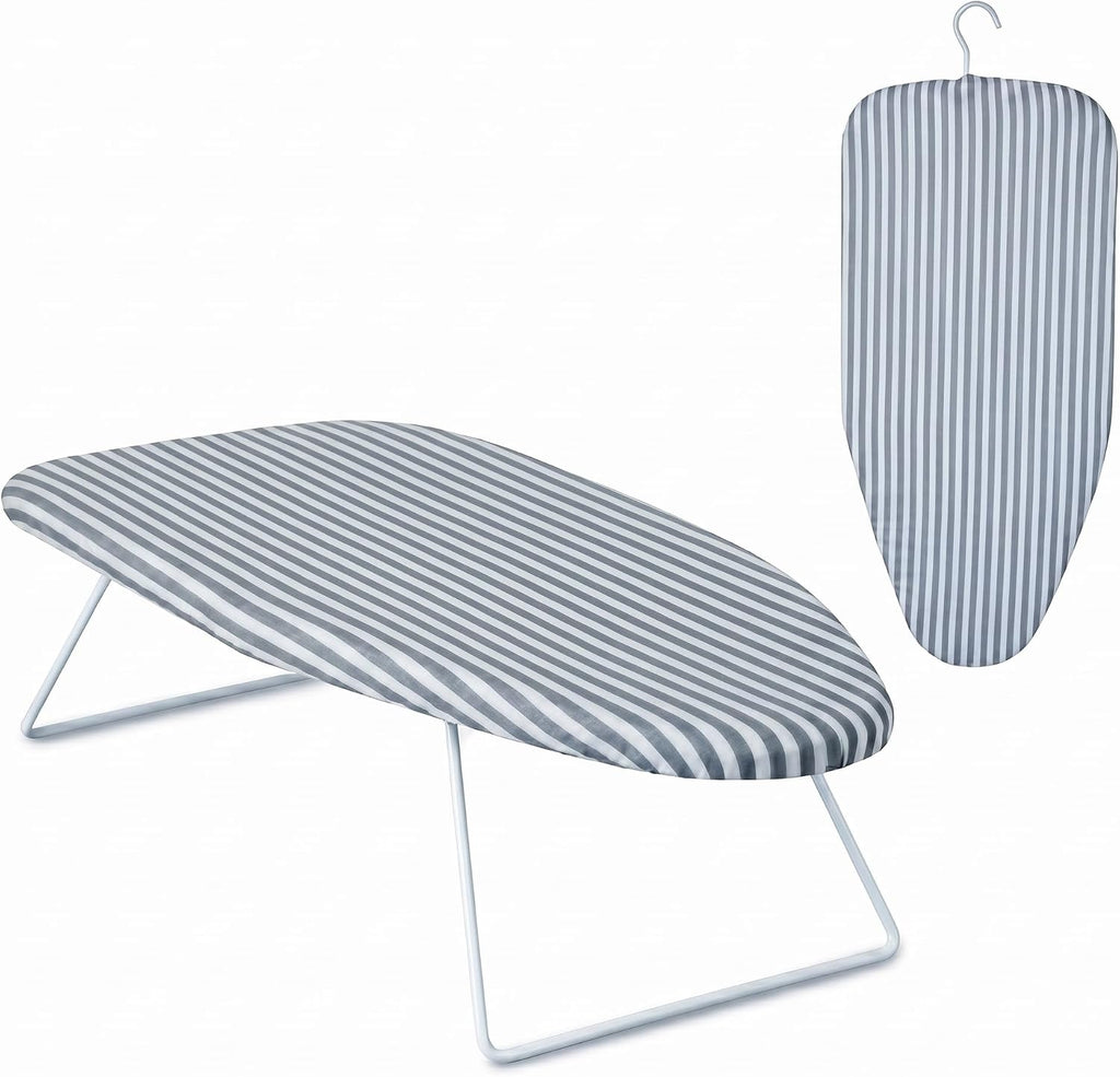 Honey-Can-Do Steel Tabletop Ironing Board with Folding Legs, Grey and White Stripe Cotton Cover, Compact Space-Saving Design, 30" L x 6" H