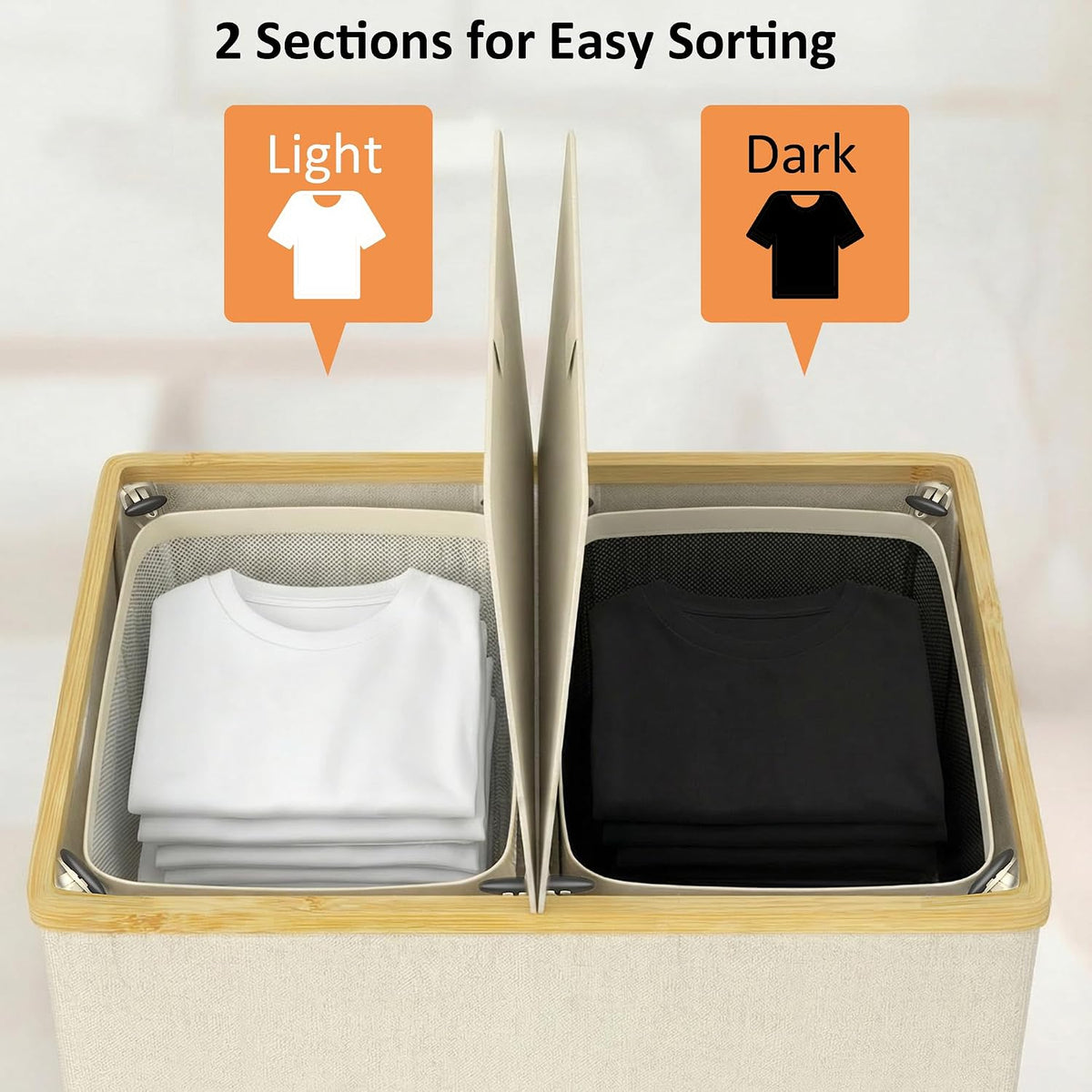 efluky Double Laundry Hamper with Lid and 2 Removable Bags, Beige