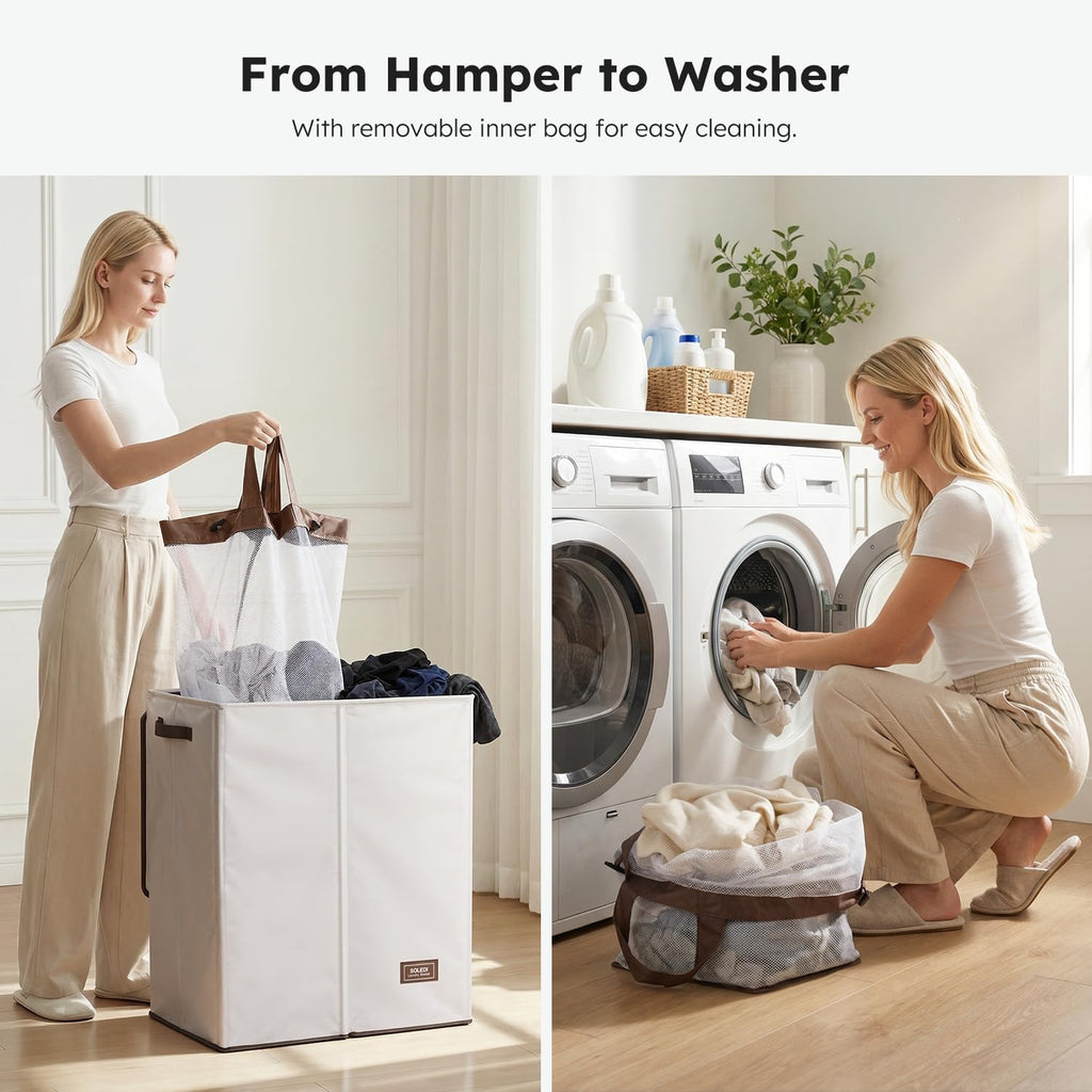 SOLEDI Luxury Double Laundry Hamper with Lid and Removable Bags, 38.3 Gal Large Laundry Bin, Laundry Basket 2 Sections, Collapsible Clothes Hamper for Bedroom, Laundry Room, Bathroom, Off-white